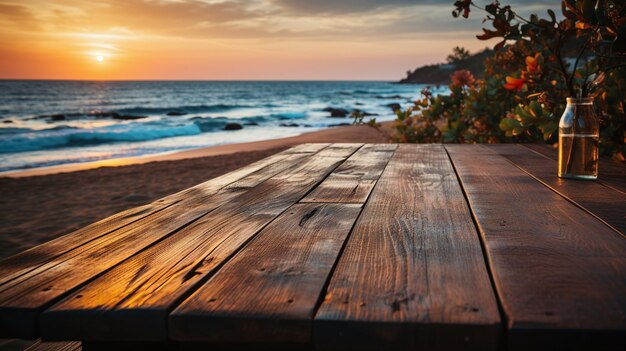 Photo table en bois photo avec fond de plage