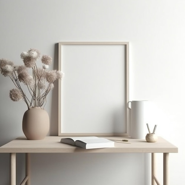 Une table en bois avec une photo d'une plante et un livre dessus.