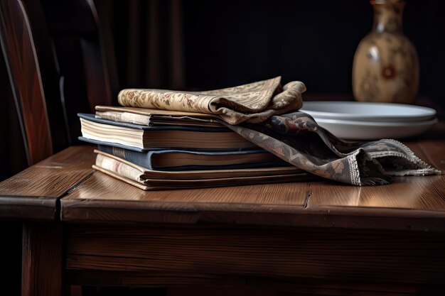 Une table en bois avec une pile de livres et une belle serviette au milieu