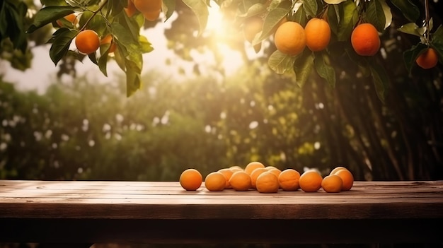 Table en bois place d'espace libre pour votre décoration et orangers avec fruits à la lumière du soleil Generative Ai