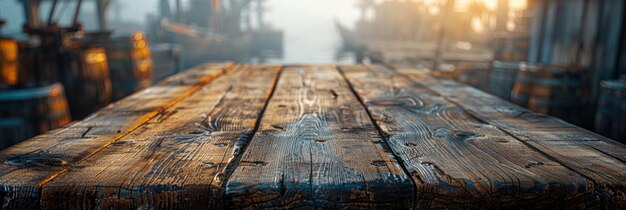 Photo une table en bois placée au centre d'un quai entouré d'eau