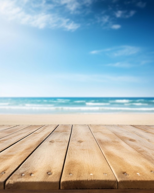 Une table en bois avec une plage en arrière-plan