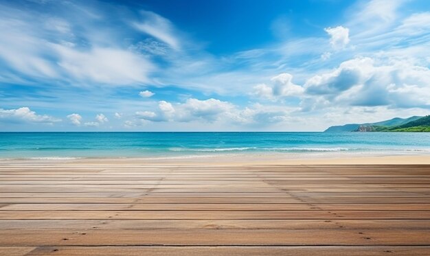 Photo table en bois sur la plage d'été et le ciel bleu