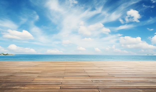 Photo table en bois sur la plage d'été et le ciel bleu