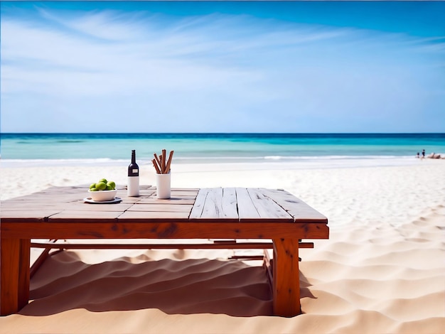 La table en bois sur la plage en été