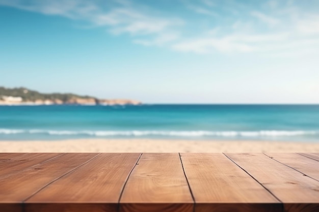 Photo table en bois avec une plage floue et un ciel bleu en arrière-plan