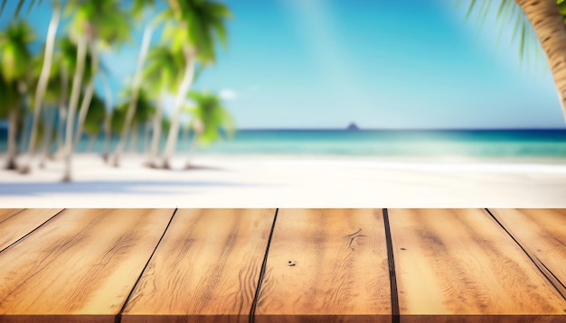 Table en bois sur une plage avec un fond de plage