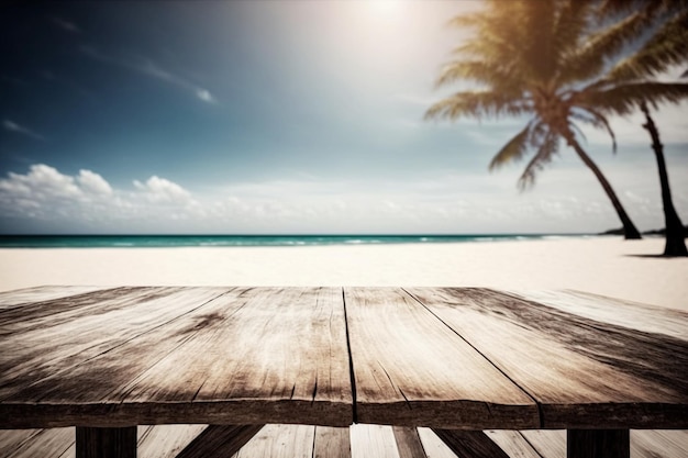 Une table en bois sur une plage avec un palmier en arrière-plan