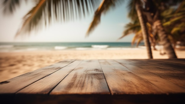 Une table en bois sur une plage avec des palmiers en arrière-plan