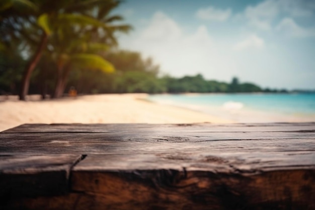 Table en bois sur la plage tropicale créée avec l'IA générative