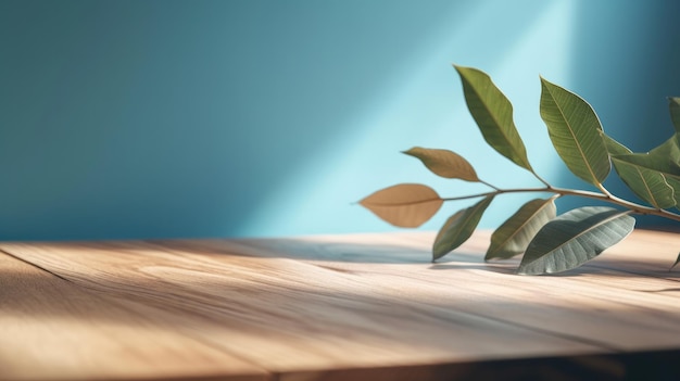 Une table en bois avec une plante dessus et un fond bleu avec un faisceau lumineux.