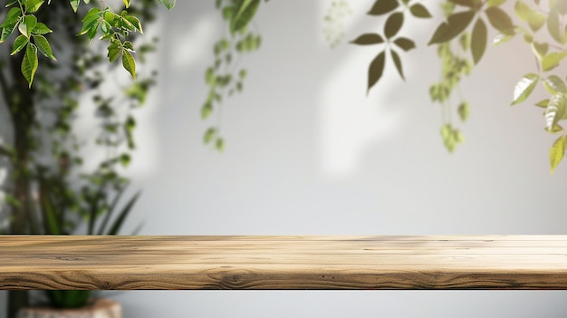 une table en bois avec une plante dessus