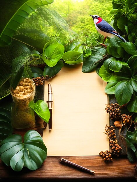 Photo table de bois plante de jungle belle atmosphère magique confortable rêveur vue des oiseaux