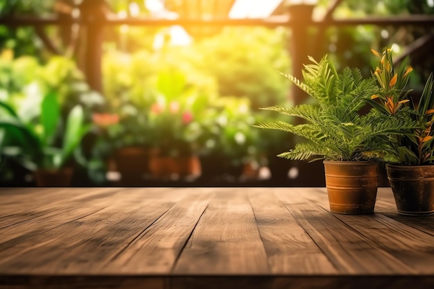 Une table en bois avec une plante en pot dessus