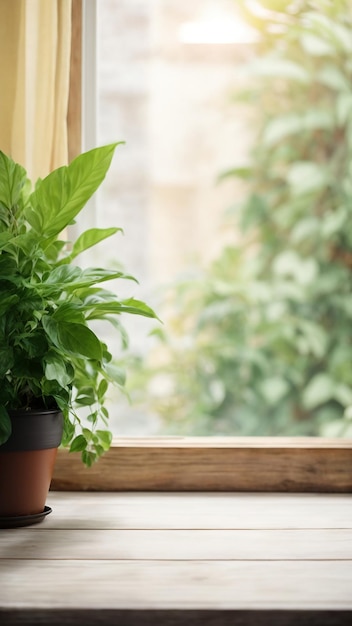 Table en bois avec une plante verte dans un pot sur le seuil de la fenêtre fond flou photo de haute qualité