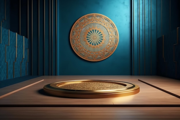 Une table en bois avec une plaque d'or dessus et un panneau rond qui dit 'le mot' dessus '