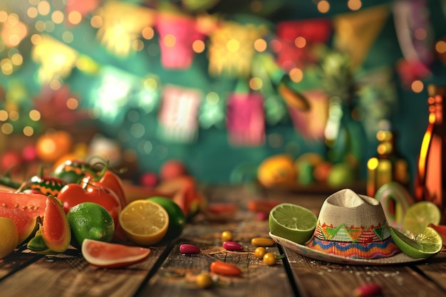 Table en bois avec un plat de fruits et de légumes