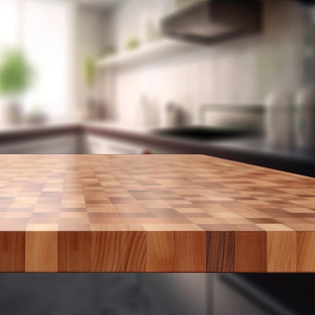 Une table en bois avec un plateau en bois dans une cuisine.