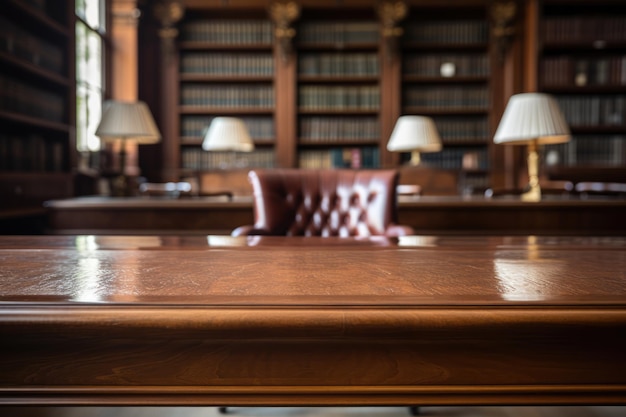 Photo table en bois poli dans un cadre de bibliothèque traditionnel