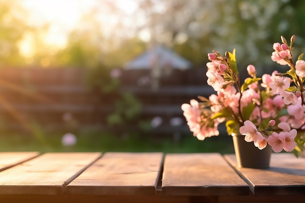 Table en bois avec un pot de fleurs