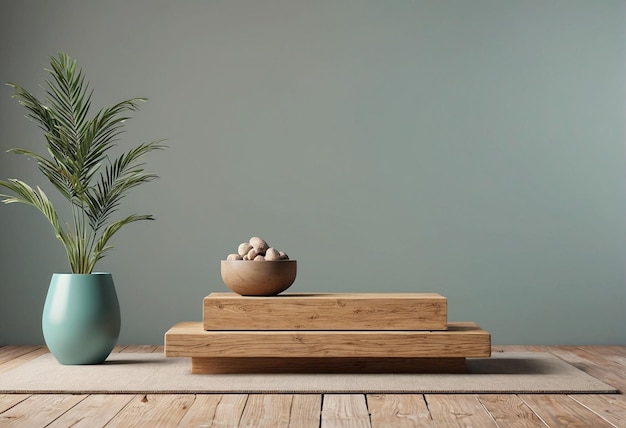 une table en bois avec un pot et une plante