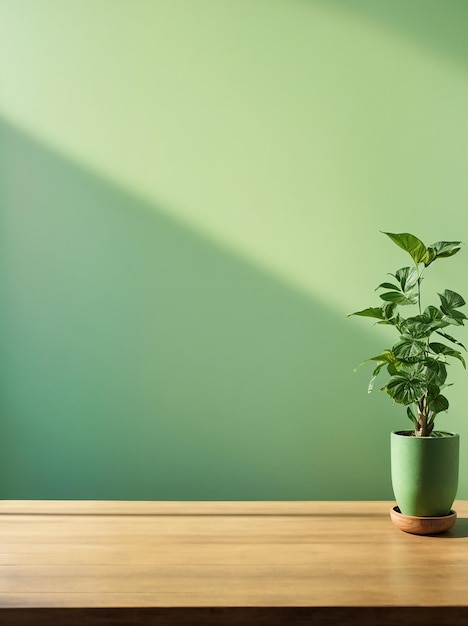 Table en bois avec un pot de plantes sur un mur vert clair avec une ombre de soleil en arrière-plan Photo de haute qualité