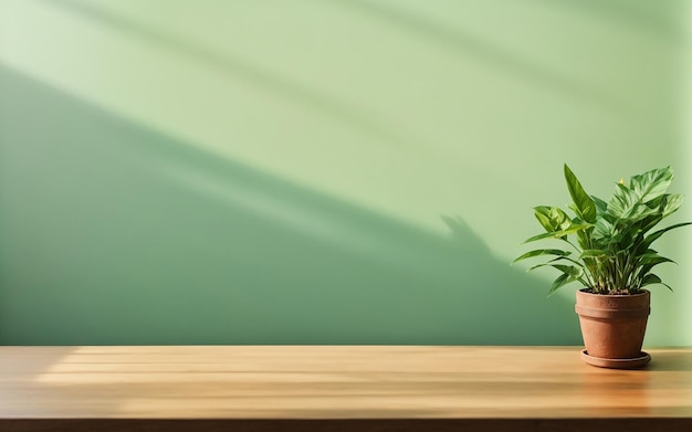 Table en bois avec un pot de plantes sur un mur vert clair avec une ombre de soleil en arrière-plan Photo de haute qualité