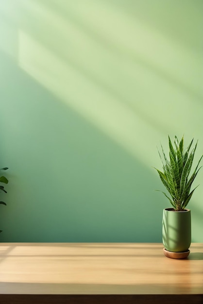 Table en bois avec un pot de plantes sur un mur vert clair avec une ombre de soleil en arrière-plan Photo de haute qualité