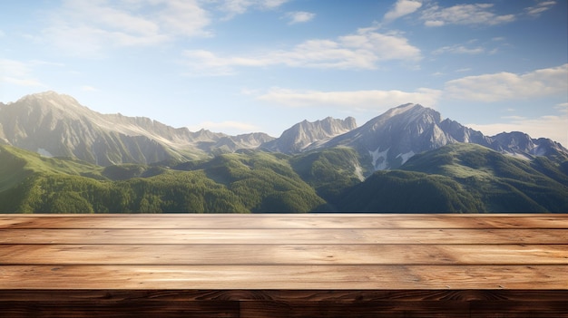 Table en bois pour l'affichage des produits avec fond de montagnes Generative AI