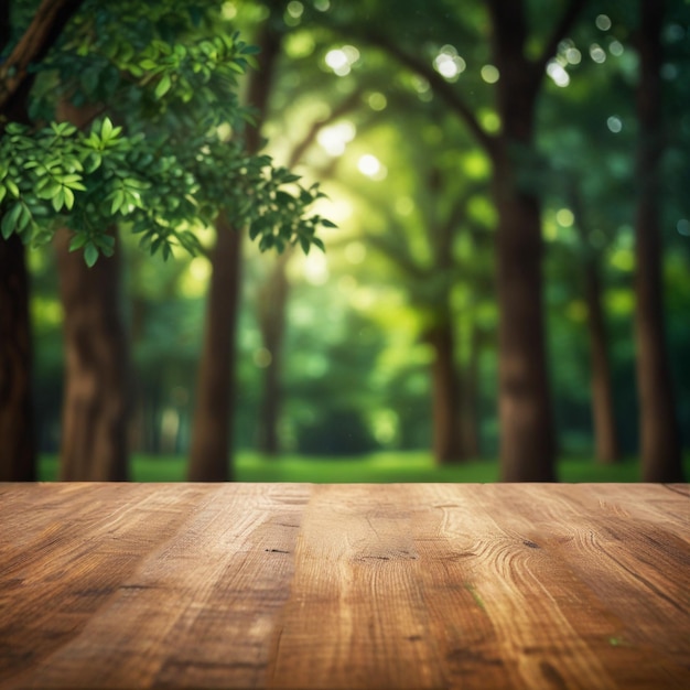 table en bois pour l'affichage des produits sur un fond naturel vert IA générative