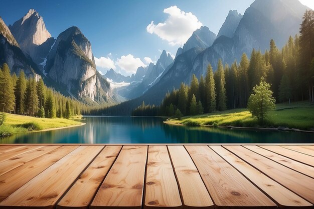 Table en bois pour le produit sur le paysage naturel