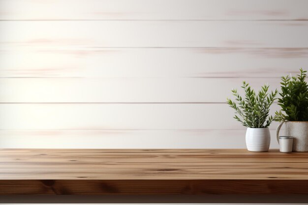 Table en bois pour les produits présentés avec un arrière-plan flou et une lumière chaude et naturelle. IA générative