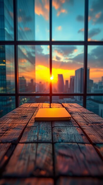 Table en bois près de la fenêtre surplombant le coucher de soleil