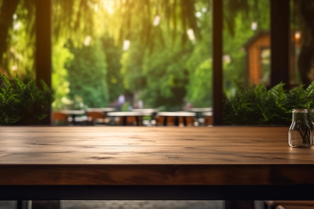 Une table en bois qui accueille la vue sur la rue vibrante