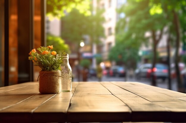 Photo une table en bois qui accueille la vue sur la rue vibrante