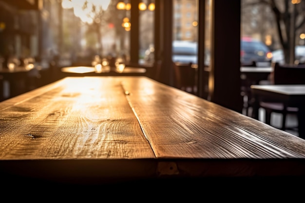 Une table en bois qui accueille la vue sur la rue vibrante