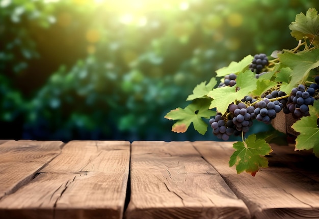 Table en bois avec des raisins rouges frais et de l'espace libre sur le champ de vigne d'arrière-plan nature flou AI généré