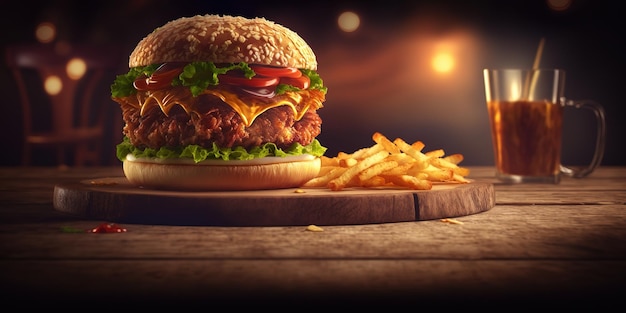 une table en bois remplie de poulet ami hamburger et de frites sur fond flou