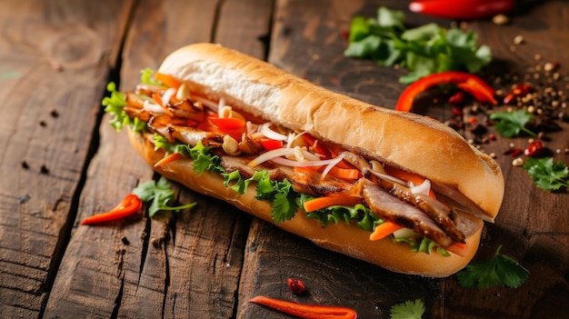 Photo la table en bois renforce l'attrait d'un sandwich vietnamien au porc banh mi