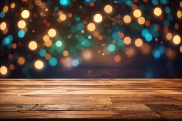 Table en bois rustique 3D contre le fond des lumières bokeh de Noël