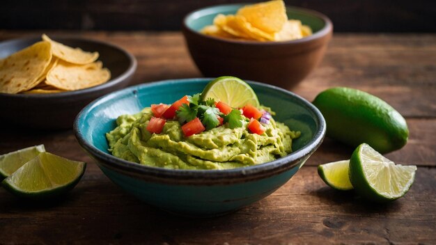 Une table en bois rustique avec un bol de guacamole