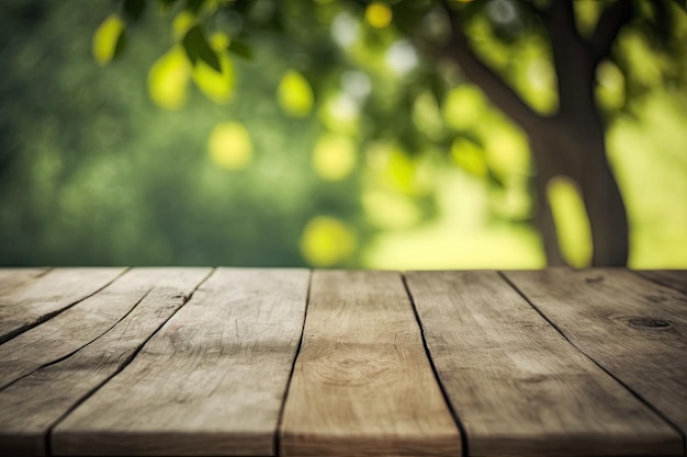 Table en bois rustique avec un fond de forêt pittoresque Generative AI