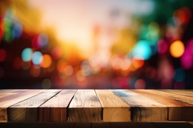 Table en bois rustique avec des lumières bokeh en arrière-plan créées avec la technologie Generative AI