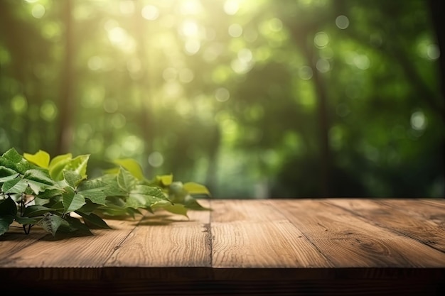 Table en bois rustique ornée de feuilles vertes luxuriantes créées avec la technologie Generative AI