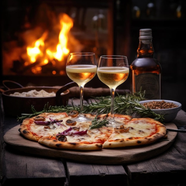 Table en bois rustique avec pizza margarita avec feu dans le dos owen génératif ai