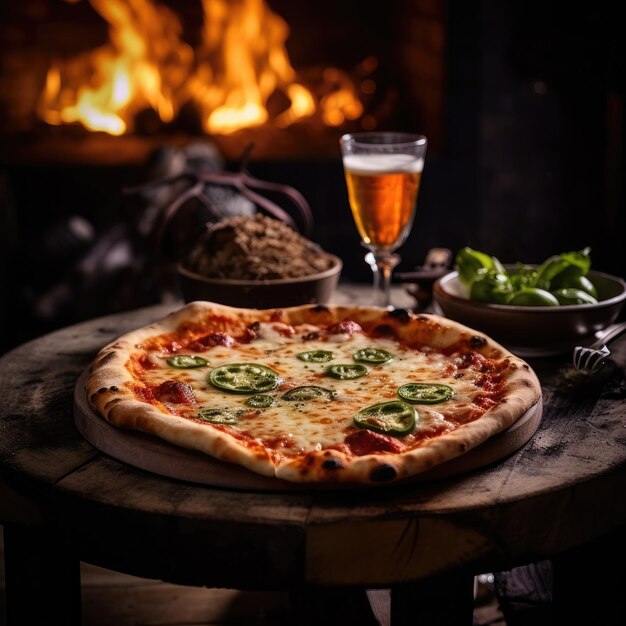 Table en bois rustique avec pizza margarita avec feu dans le dos owen génératif ai