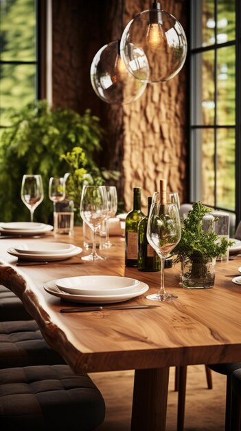 Table en bois rustique pour le dîner avec du vin et de la verdure