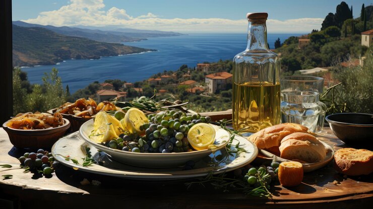 Photo une table en bois rustique avec de la salade fraîche, des oranges juteuses et de l'eau rafraîchissante surplombant une vue sereine sur l'océan sous un ciel dégagé.