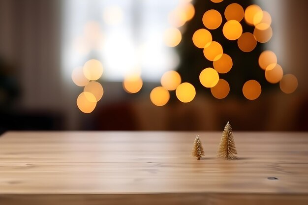 Photo table en bois rustique vide dans un intérieur de noël avec illustration générative d'arrière-plan flou ai