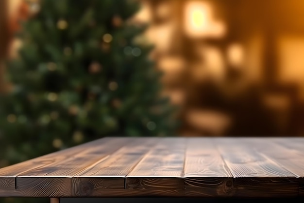 Table en bois rustique vide dans une maison à noël avec arrière-plan flou ai illustration générative